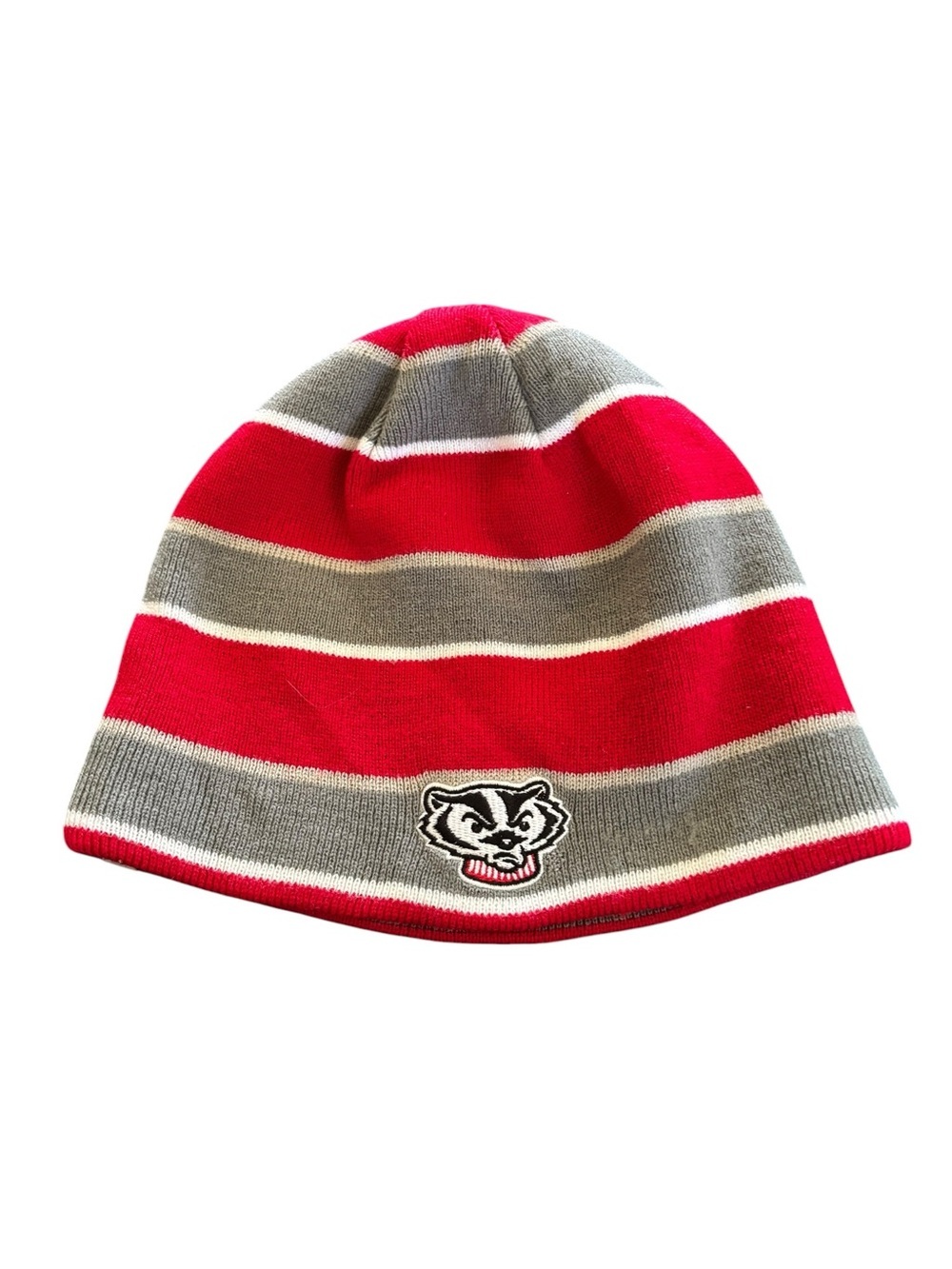 Reversible WI Badgers Beanie Hat Red Gray Striped Big W Badger OS Knit Fan - Picture 3 of 3